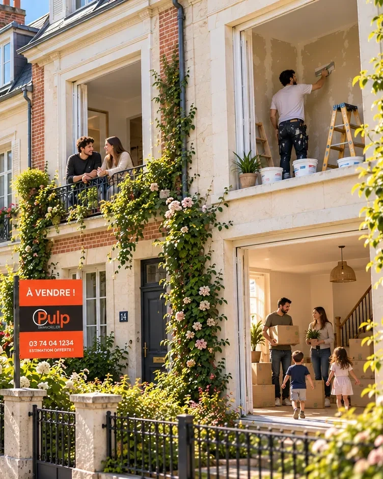 Une rue de maisons en briques : un couple à la fenêtre, un artisan qui repeint, une famille qui emménage et un panneau « À vendre » Pulp